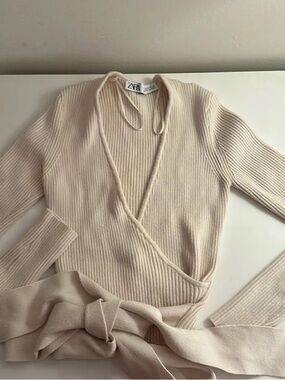 Zara Cream Ribbed Wrap V‑Neck Sweater
